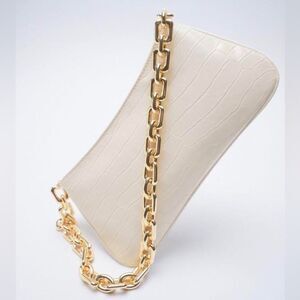 Zara Lilac Animal Croc Embossed Print Shoulder Hand Bag Gold Tone Chain Strap